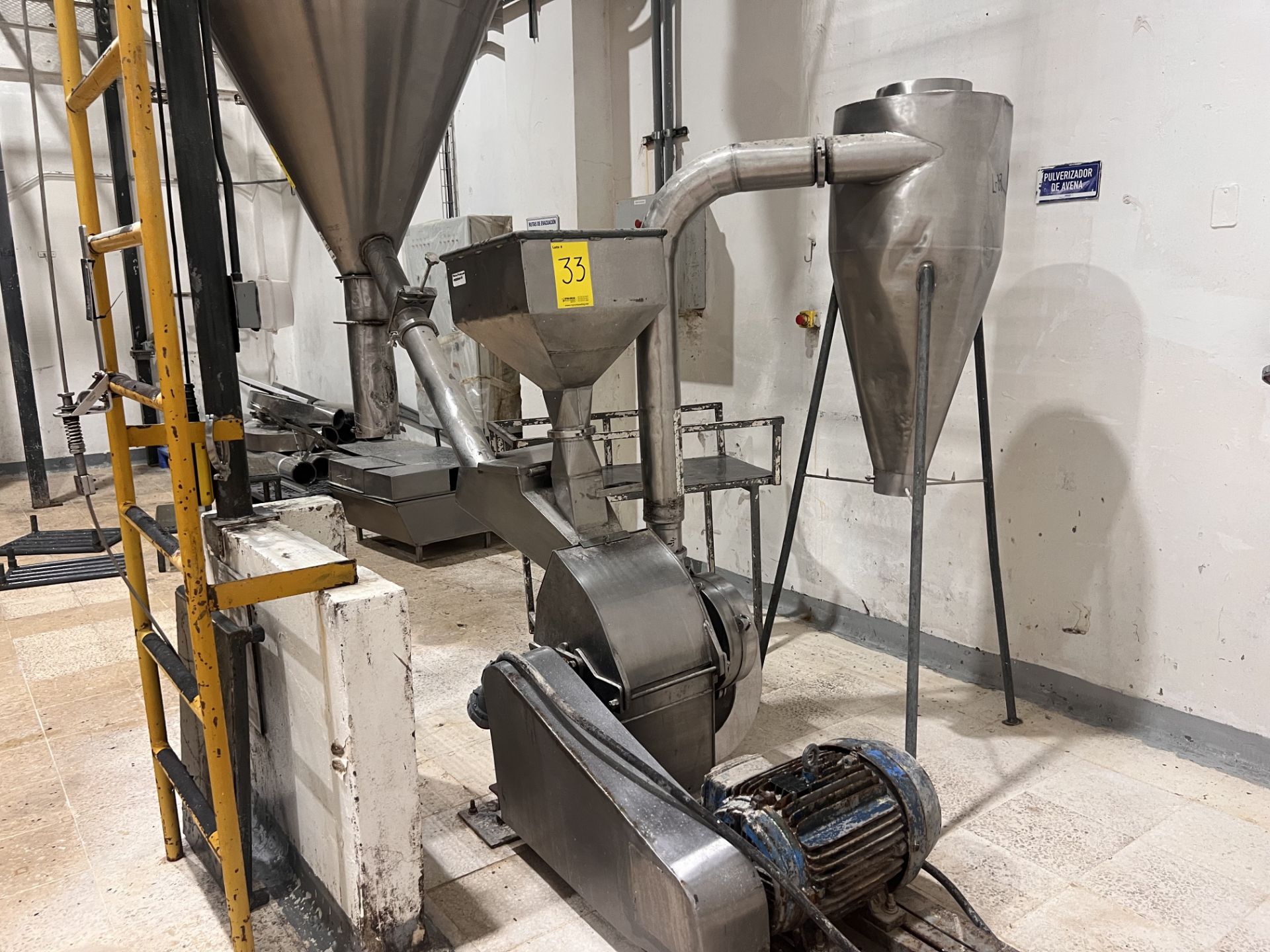 Oat pulverizing system, includes conical silo, pulverizer mill, hopper ...