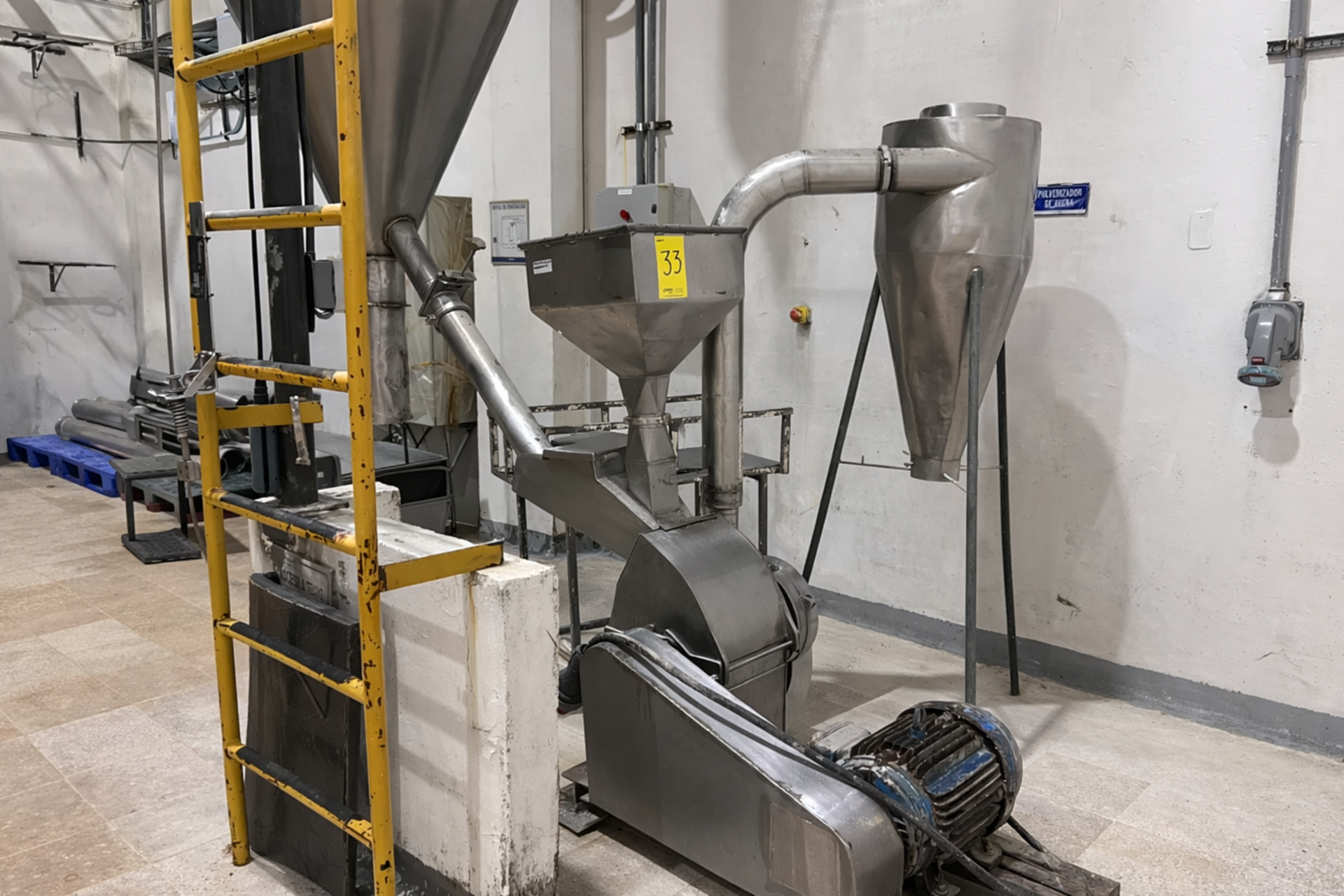 Oat pulverizing system, includes conical silo, pulverizer mill, hopper ...