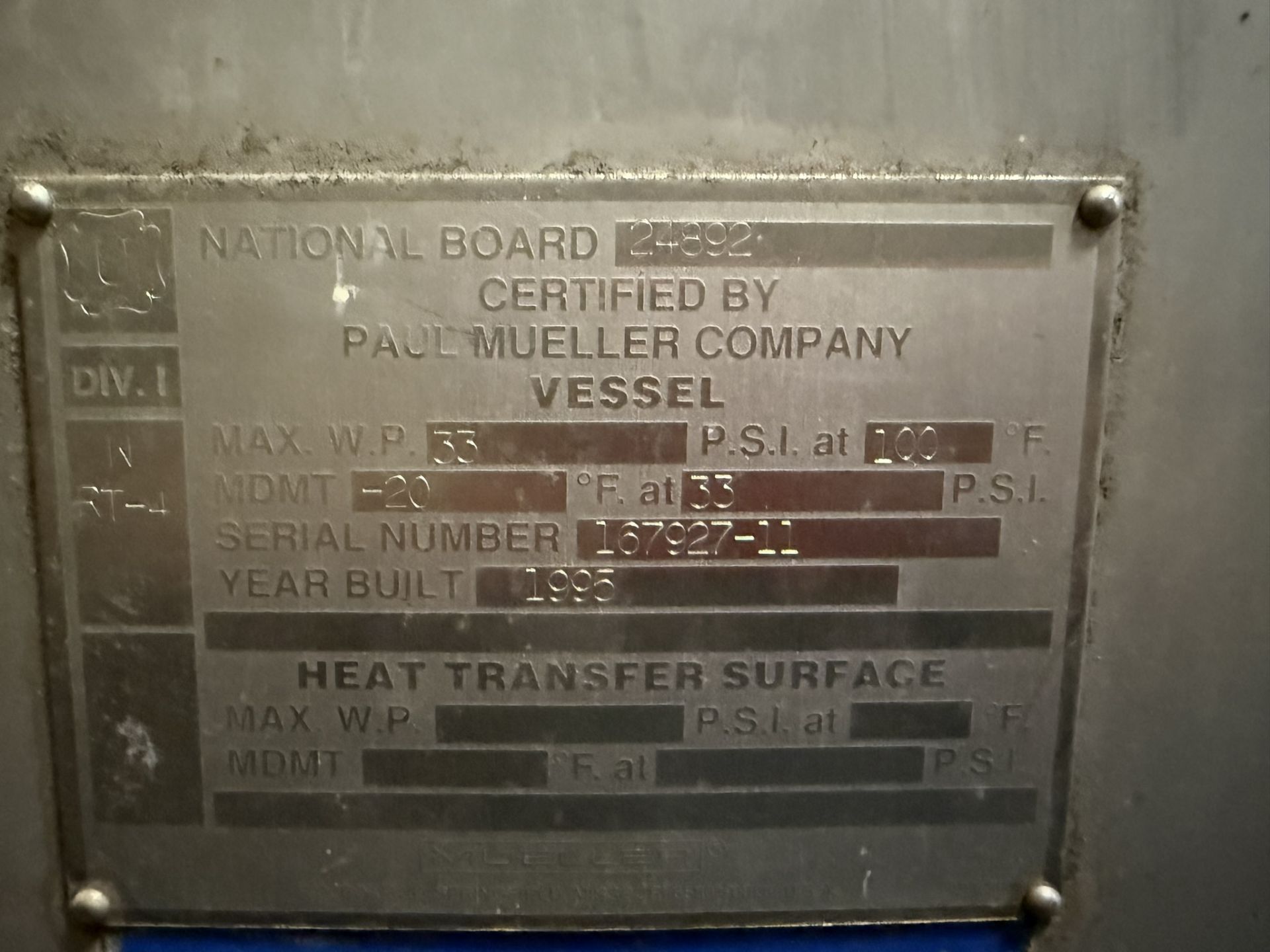 Mueller 220 BBL Stainless Steel Brite Tank (7,800 Gal), Glycol Jacketed, Dish Botto | Rig Fee $3500 - Image 7 of 7