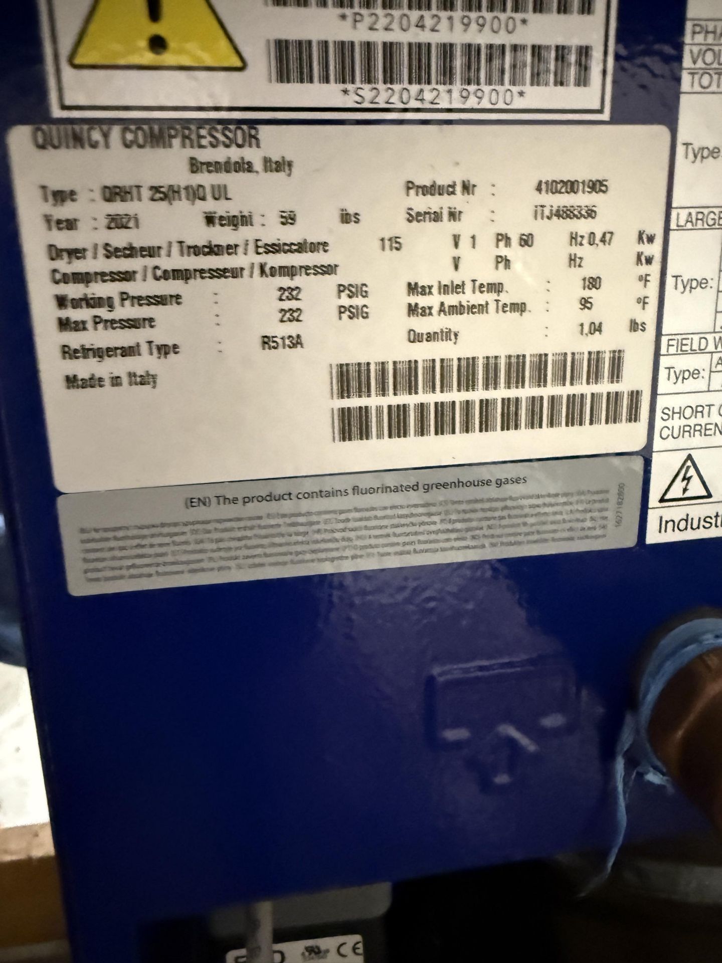 2021 Quincy Model QRHT-25 Refrigerated Air Dryer, R513A Refrigerant, 120 V, S#ITJ488336 - Image 3 of 4