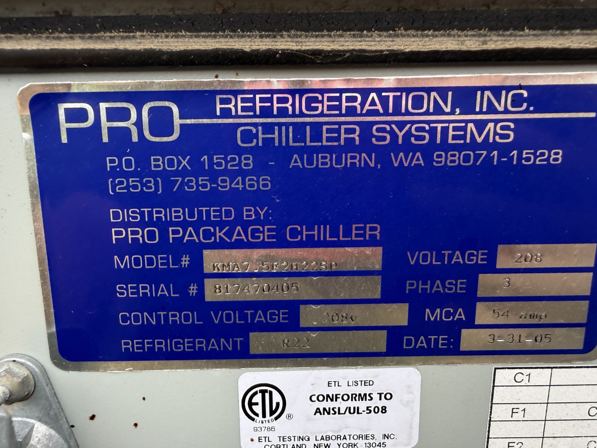 2005 Pro Refrigeration Model KNA7.5F2H22SP 7.5 HP Chiller, 208 V, Overall Dims Approx 7' L X 4' W - Image 7 of 7