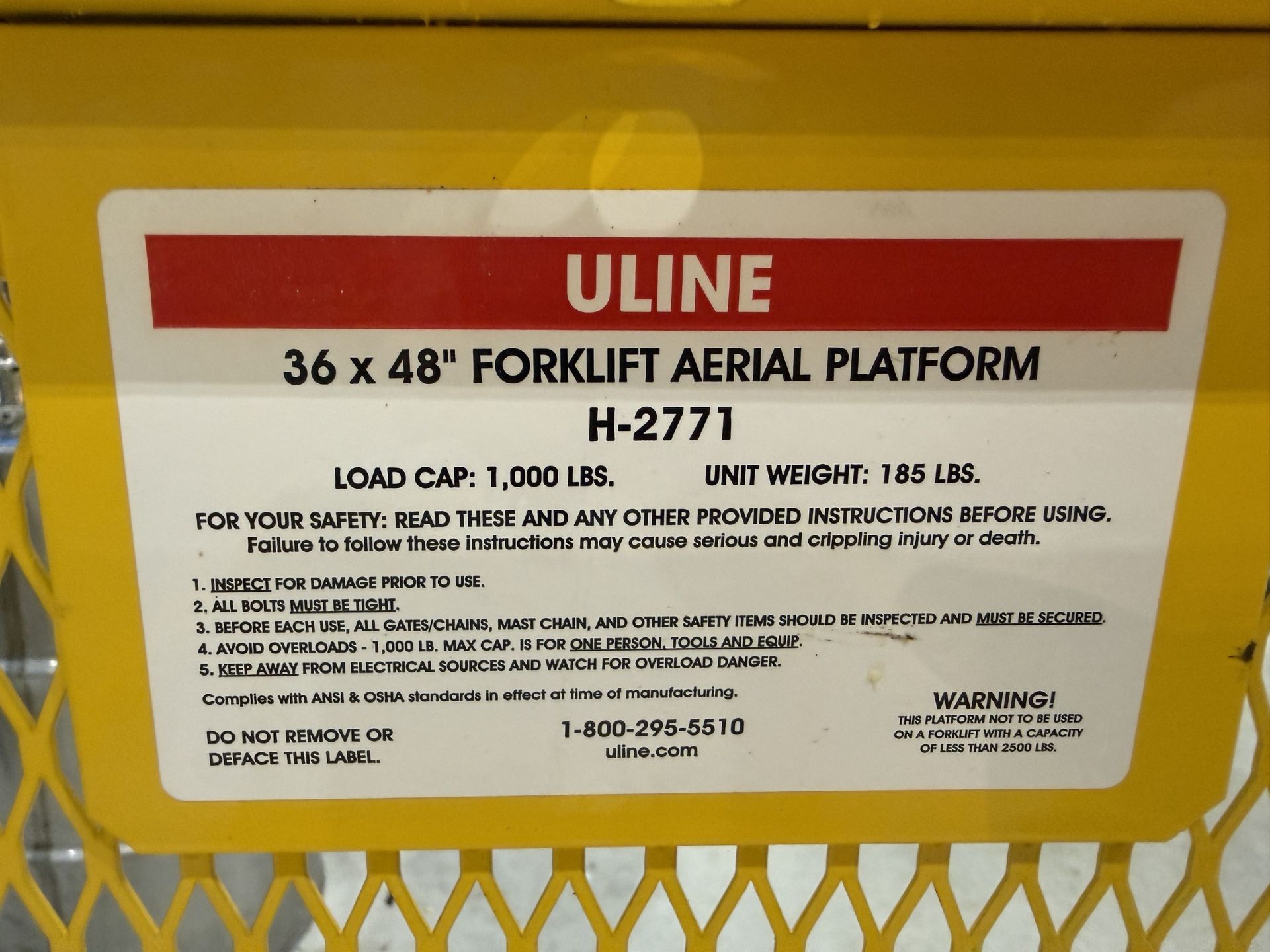 ULINE Model H-2771 36" X 48" Forklift Aerial Platform, 1,000 LBS Load Capacity - Image 3 of 3