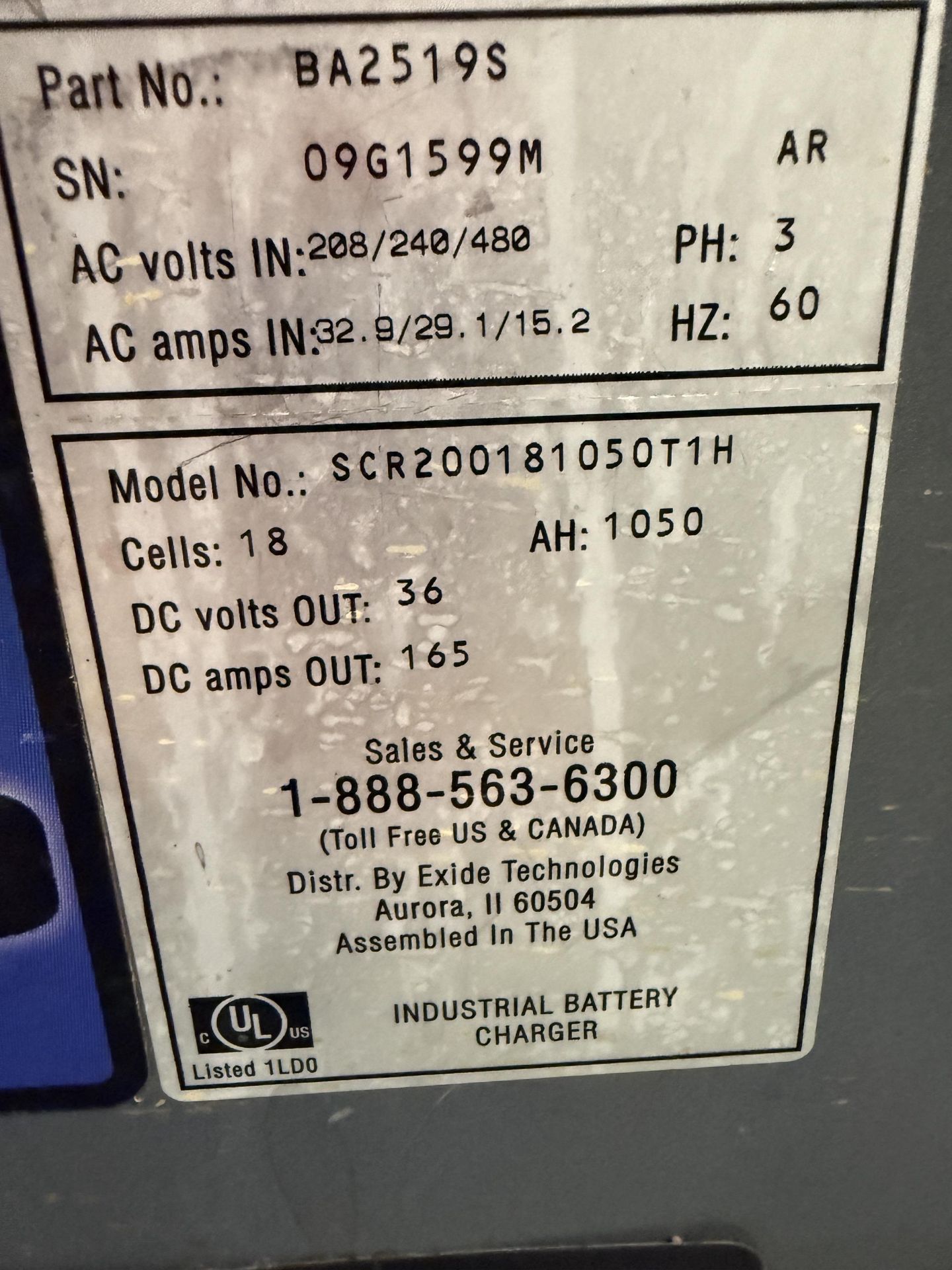 Exide Technologies Model SCR200181050T1H 36 Volt Battery Charger, 208/240/480 V, S#09G1599M - Image 4 of 4