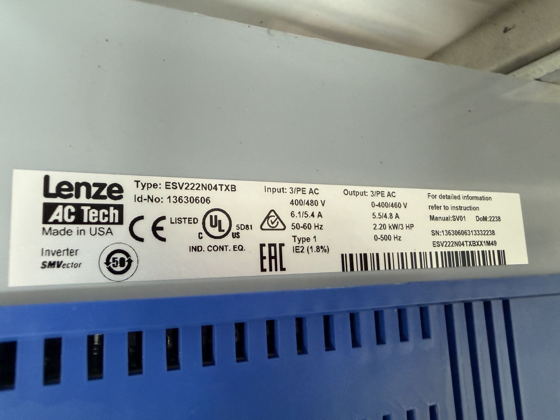 Lenze AC Tech Model ESV222N04TXB 3 HP VFD, 0-480 V, S#13630606313332238 - Image 3 of 3