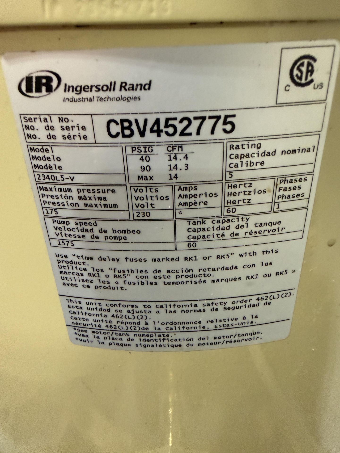 Ingersoll Rand Model 2340L5-V 5 HP Two Stage cast Iron Air Compressor 60 Gallon Tank, 230 Volts, S# - Image 8 of 8