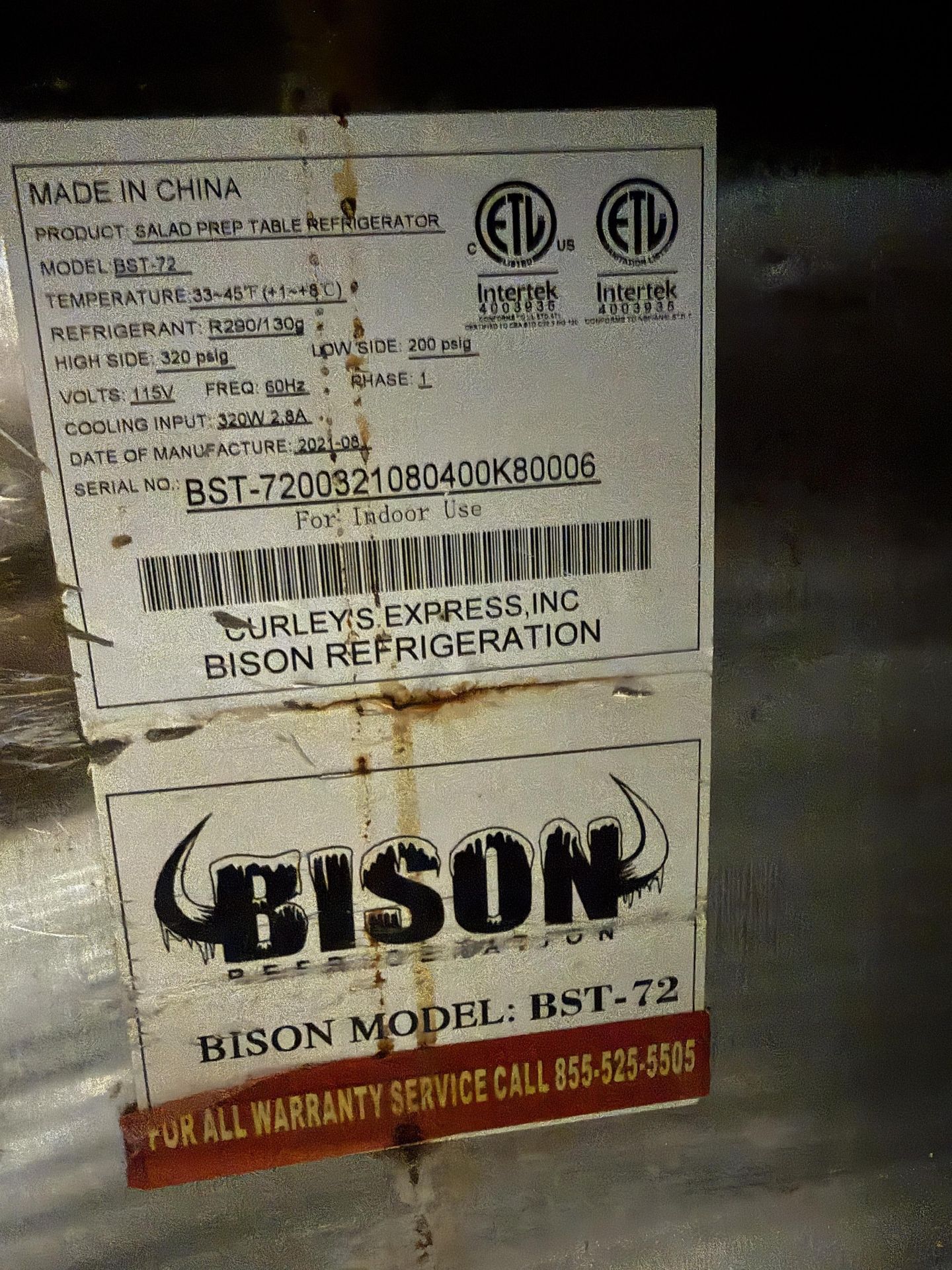 Bison Model BST-72 Salad Prep Table Refrigerator, R290/130 Refrigerant, 120 V, Needs Repair- S#BST- - Image 6 of 6