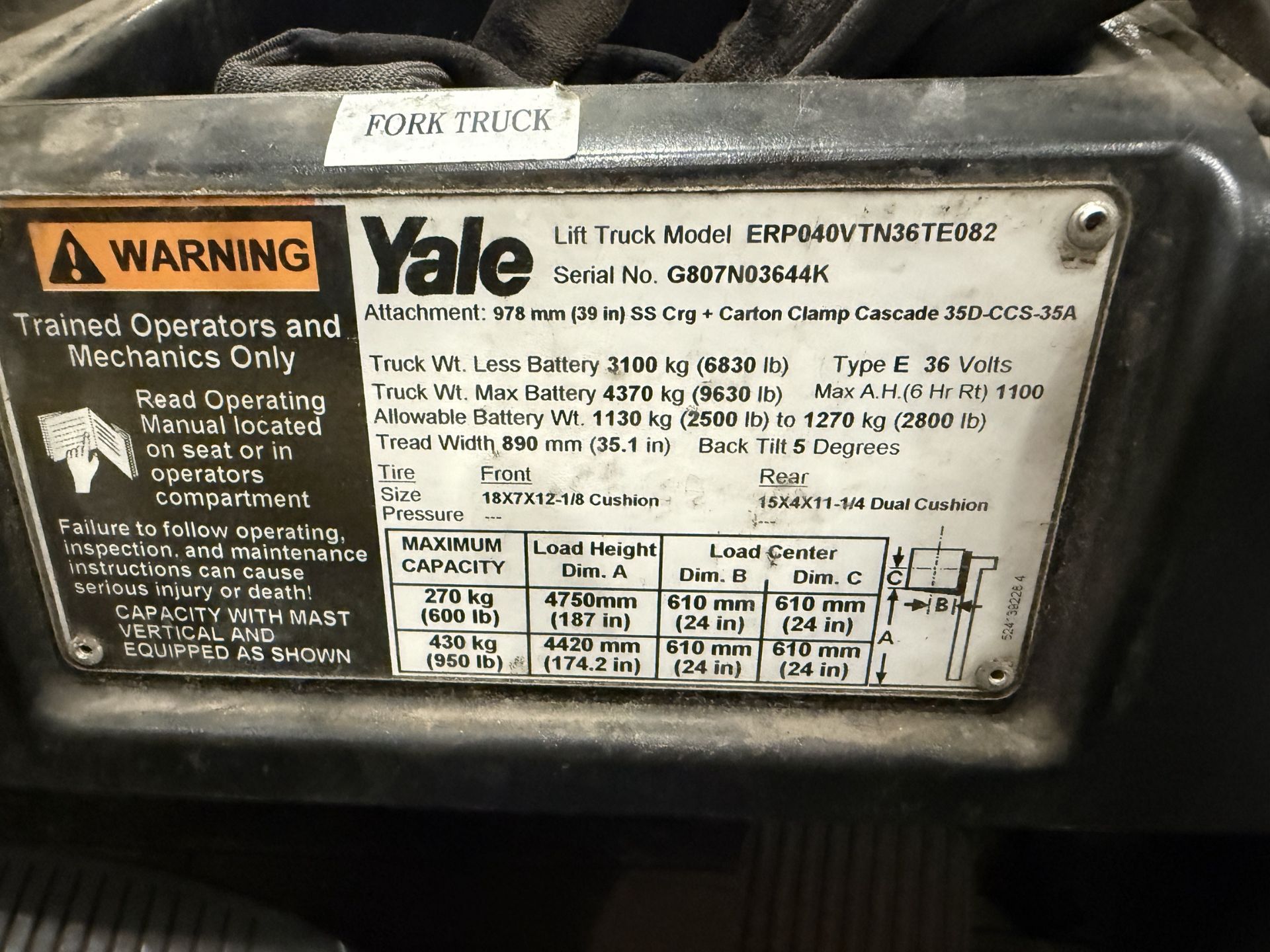 Yale Model ERP040VTN36TE082 36 V Sit Down Electric Forklift, 3 wheels, Side Sift, 950 LBS - Image 8 of 8