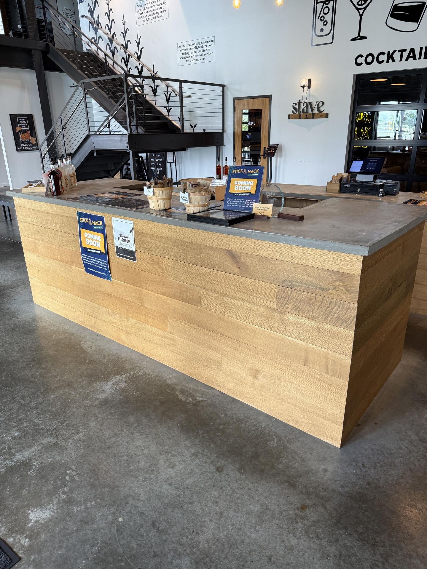 U Shaped Wooden Host Station with Concrete Top- overall Dims Approx 125" L X 45" W X 43" Tall