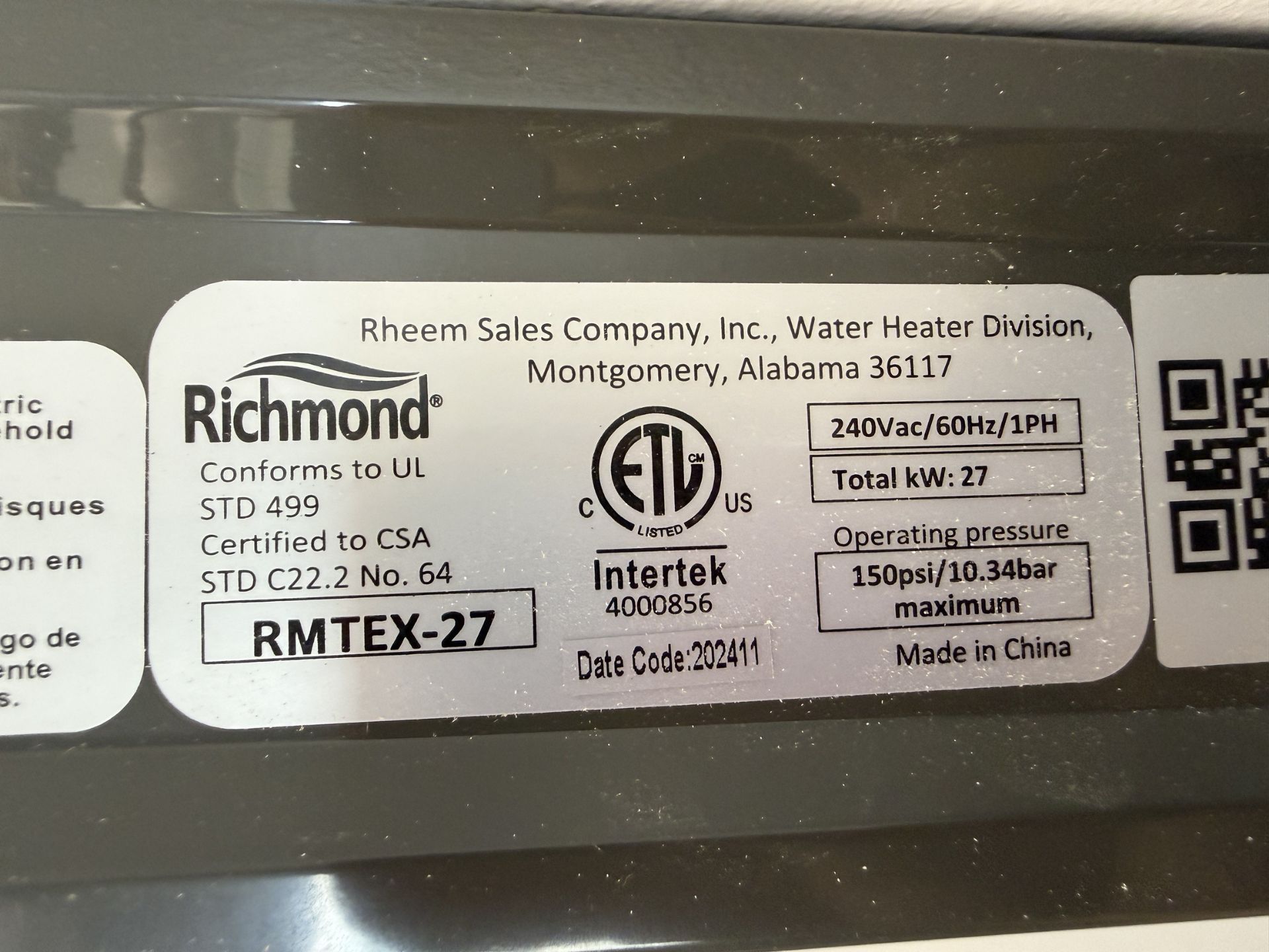 2024 Richmond Model RMTEX-27 On Demand Hot Water Heater, 240 V, S# - Image 2 of 2