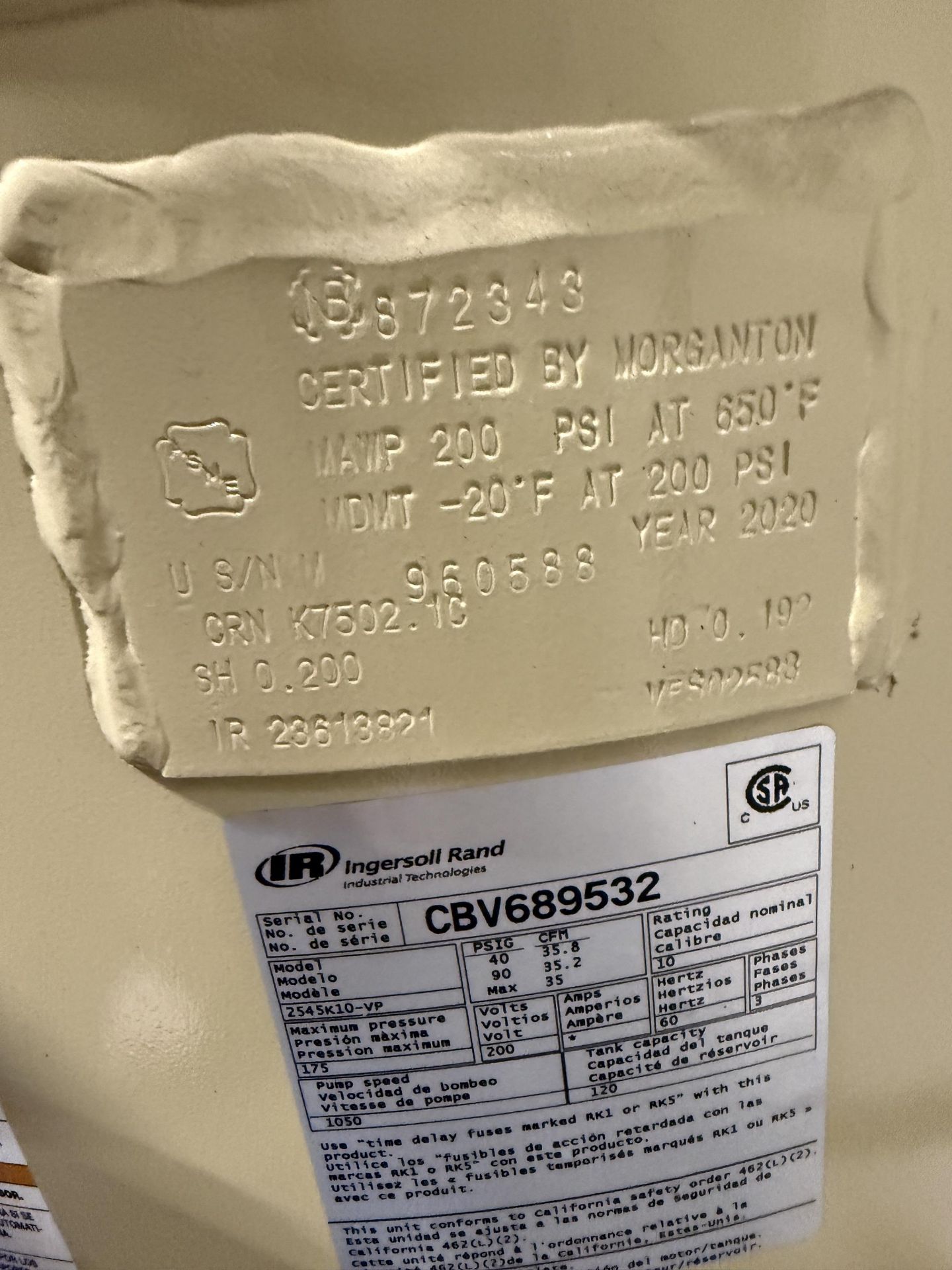 Ingersoll Rand Model 2545K10-VP 10 HP Two Stage Cast Iron Air Compressor, 120 Gallon Tank, 200 - Image 7 of 8