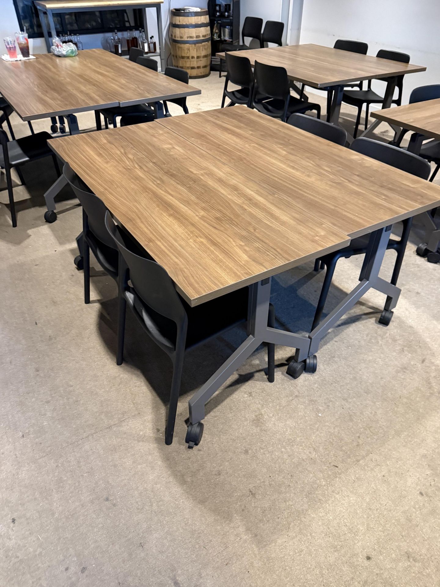 Wooden Table- QTY (2) with Chair- QTY (4)- Table Approx 5' L X 2' W X 2'5" Tall On Casters