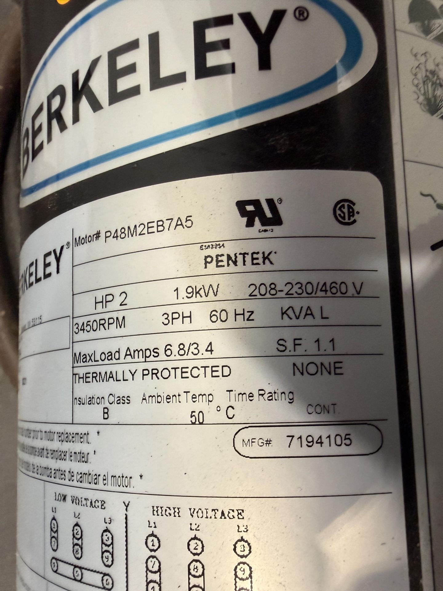 Berkeley Model B78644 Stainless Steel Centrifugal Pump, 2 HP, 3450 RPM, 208-230/460 V, S#7194105 - Image 4 of 4