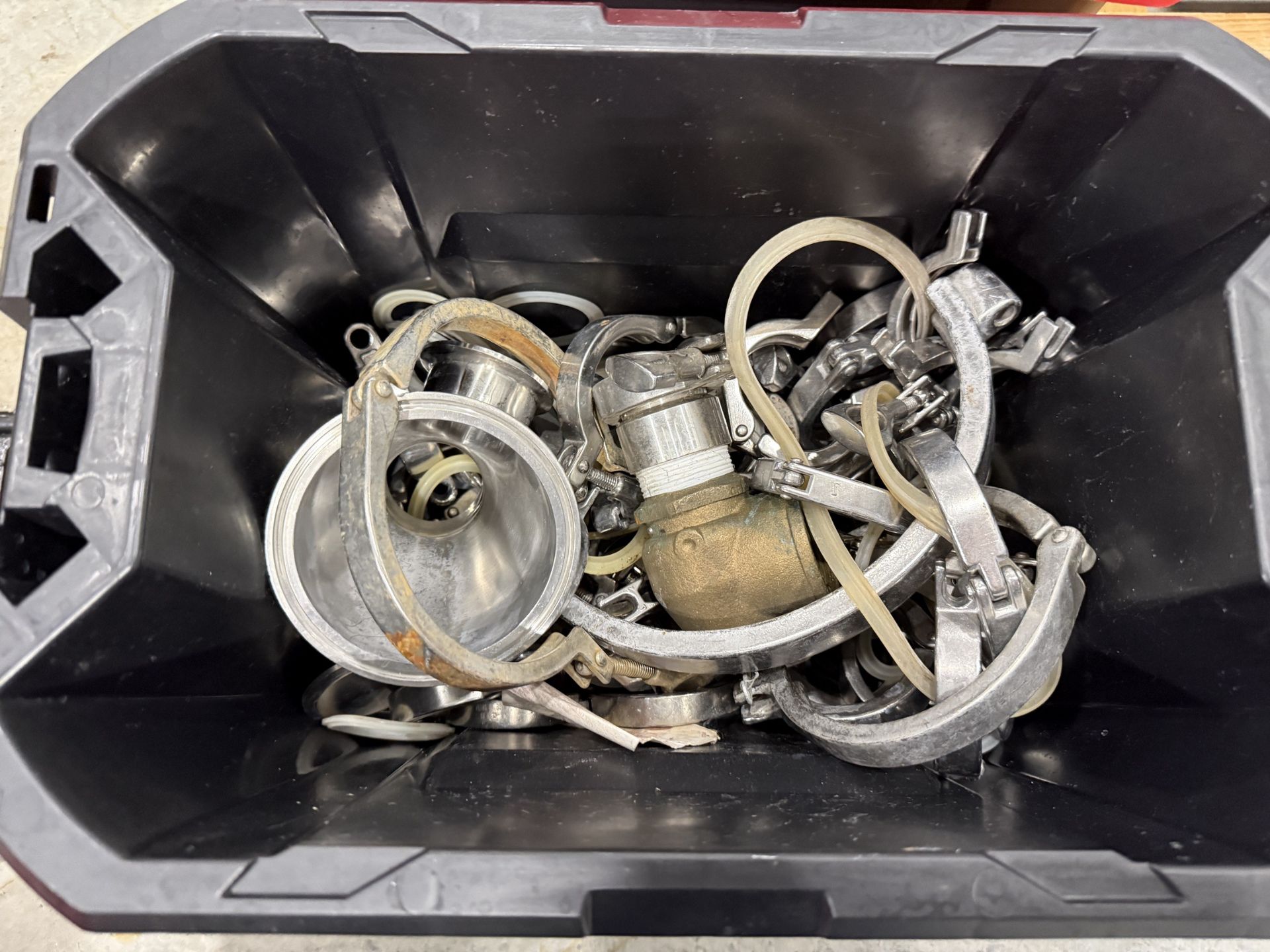 Lot of Stainless Steel Clamps, Fittings- QTY (4) Totes - Image 2 of 5