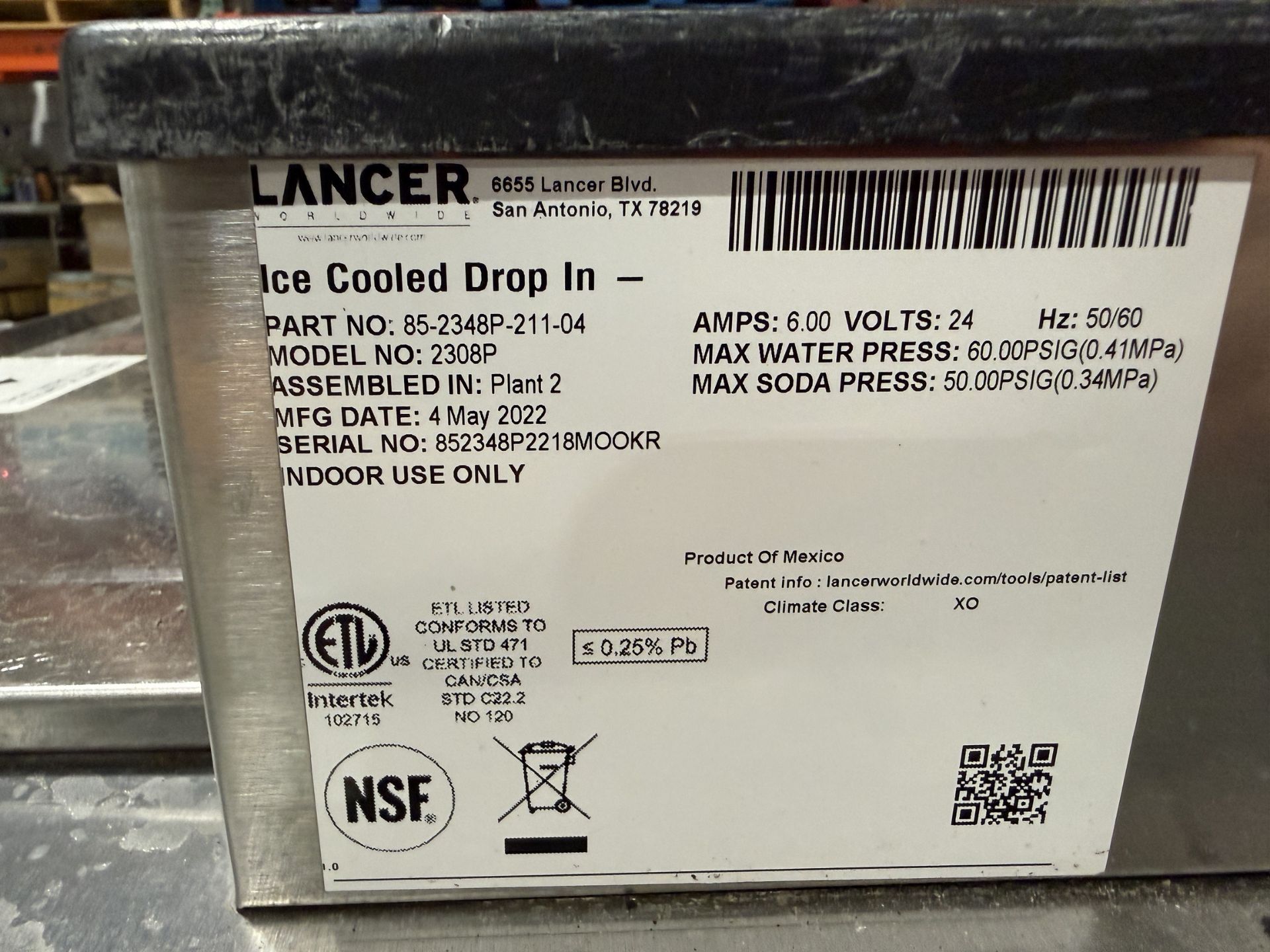 Lancer Model 2308P Ice Cooled Drop In Beverage Dispenser, 24 V, Needs Repair- S#852348P2218M00KR - Image 3 of 3