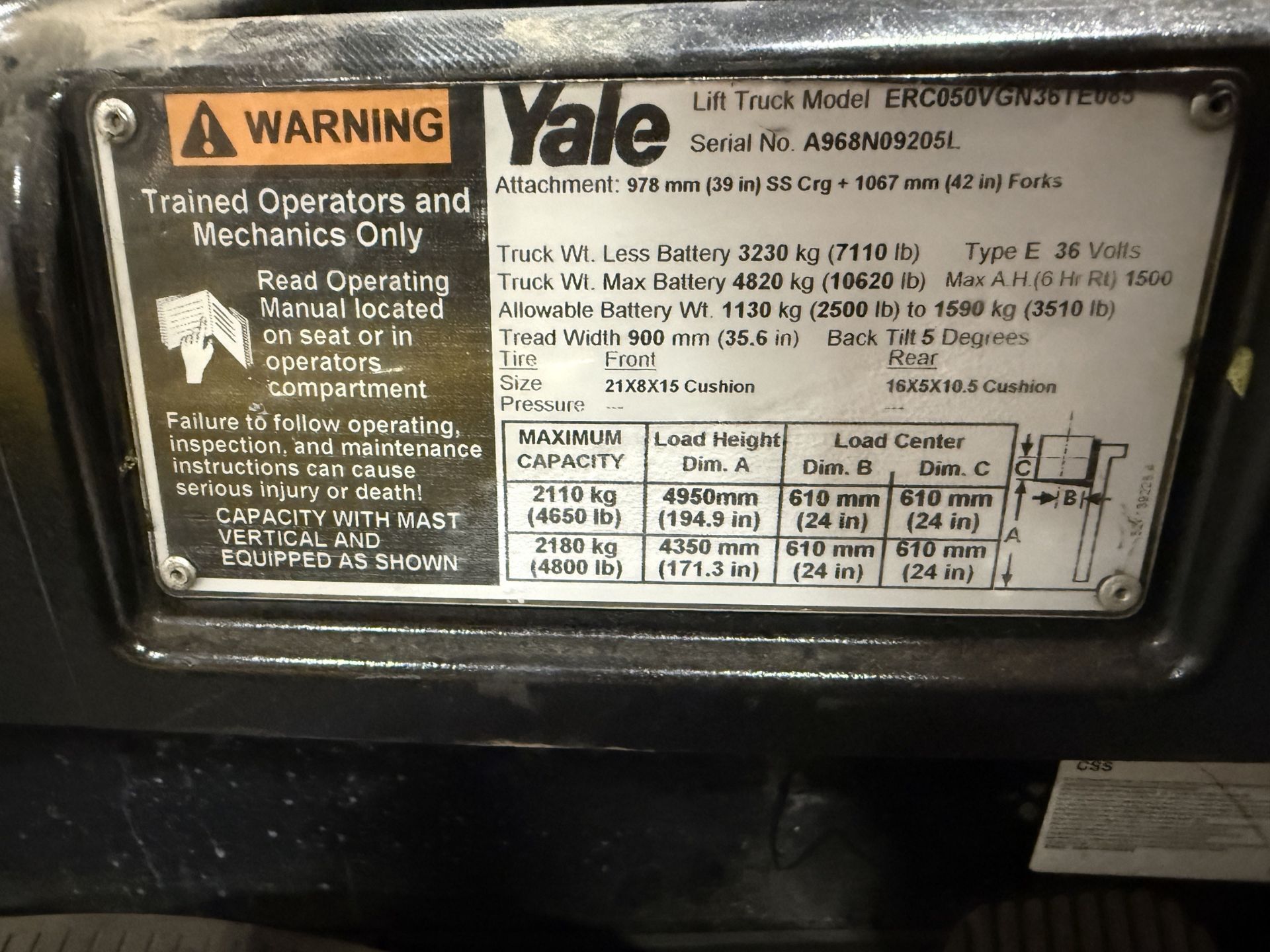 Yale Model ERC050VGN36TE085 36 V Sit Down Electric Forklift, 4 Wheels, Side Shift, 4800 LBS - Image 5 of 5