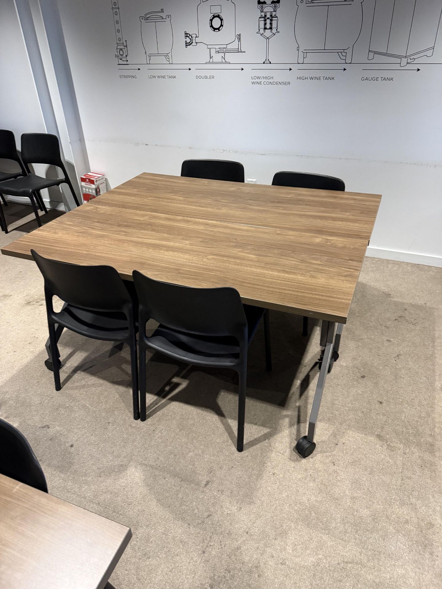 Wooden Table- QTY (2) with Chair- QTY (4)- Table Approx 5' L X 2' W X 2'5" Tall On Casters