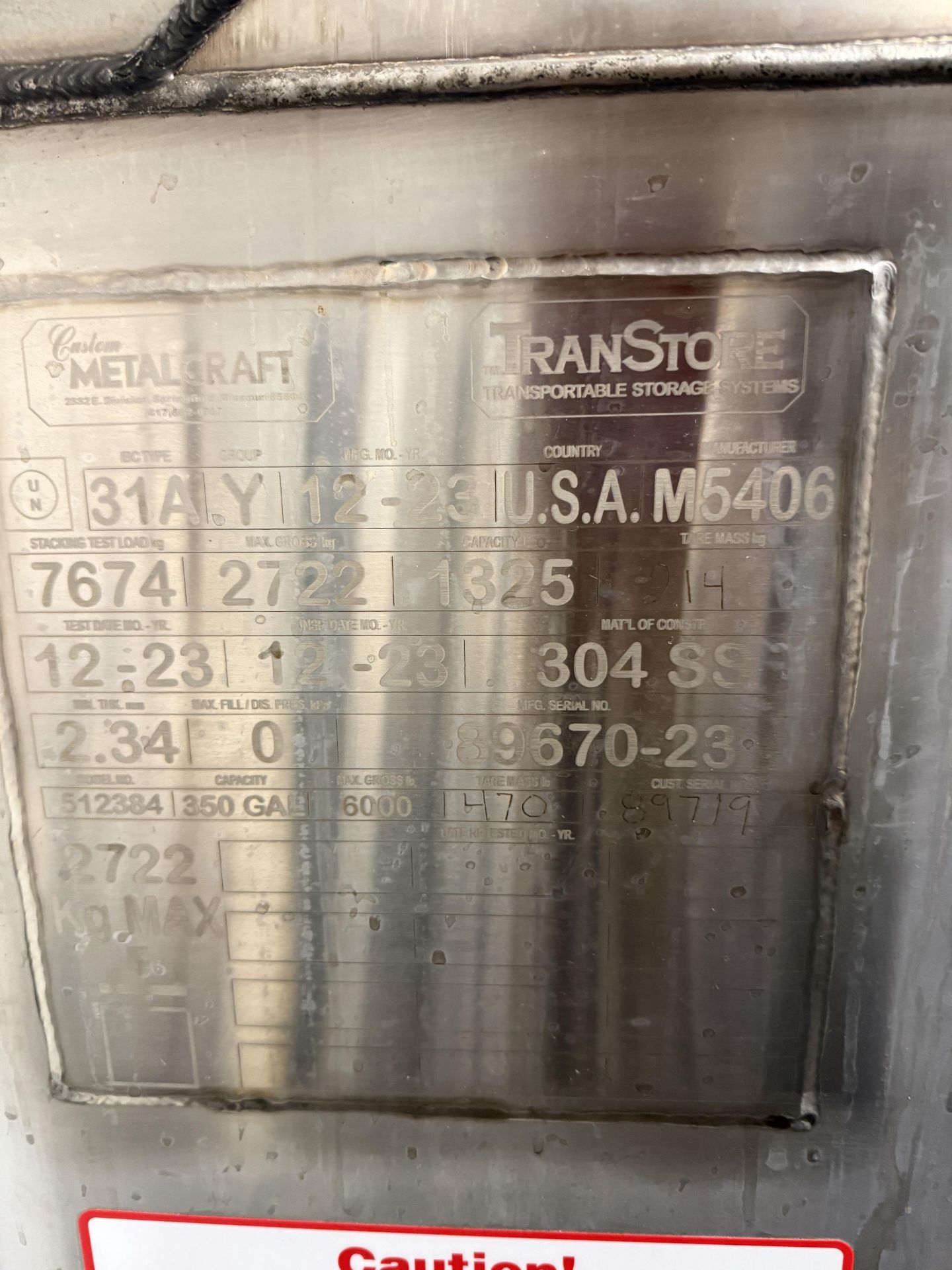 Custom Metalcraft 350 Gallon Stainless Steel Transportable Storage Tank, Stackable, Overall Dims - Image 5 of 5