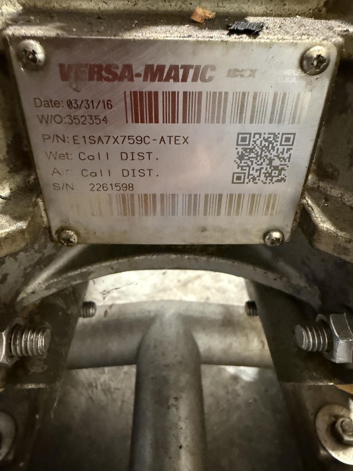 2016 Versa-Matic Model E1SA7X759C-ATEX Stainless Steel Diaphragm Pump, S#2261598 - Image 3 of 3