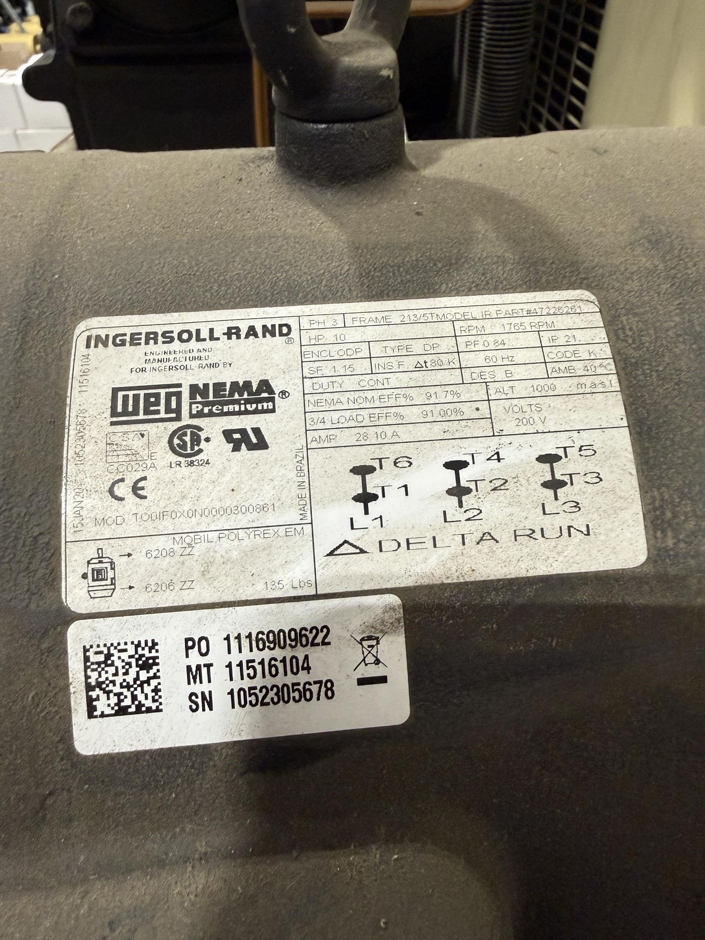 Ingersoll Rand Model 2545K10-VP 10 HP Two Stage Cast Iron Air Compressor, 120 Gallon Tank, 200 - Image 6 of 8