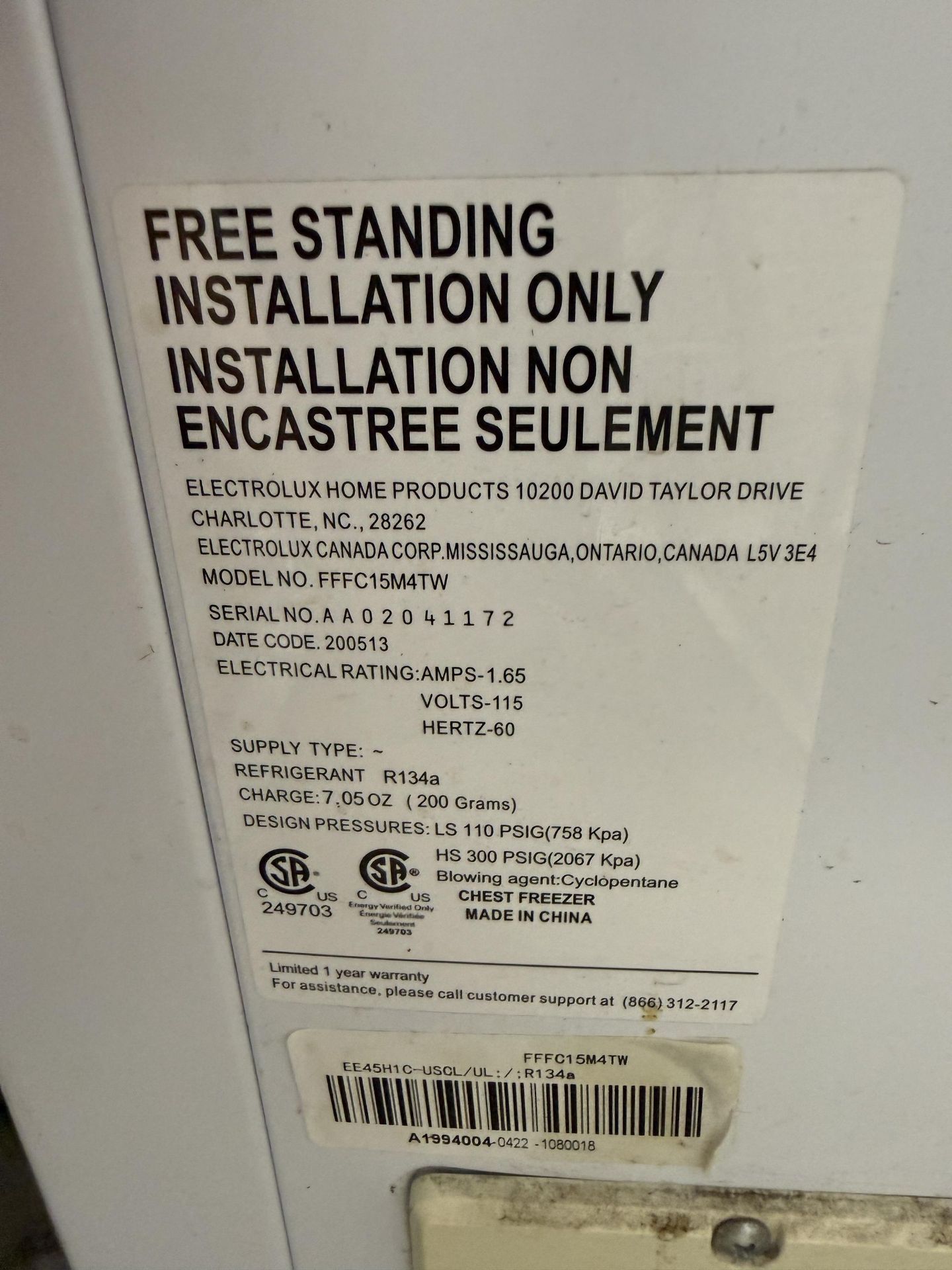 Electrolux Model FFFC15M4TW Chest Freezer, R134A Refrigerant, 120 V, S#AA02041172 - Image 3 of 3
