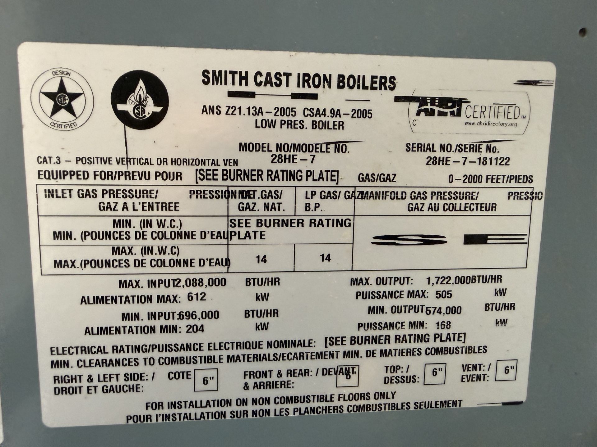 Smith Cast Iron Boilers Model 28HE-7 15 PSI Steam Boiler- Includes Powerflame Model J50A-15HBS-7 - Image 9 of 9