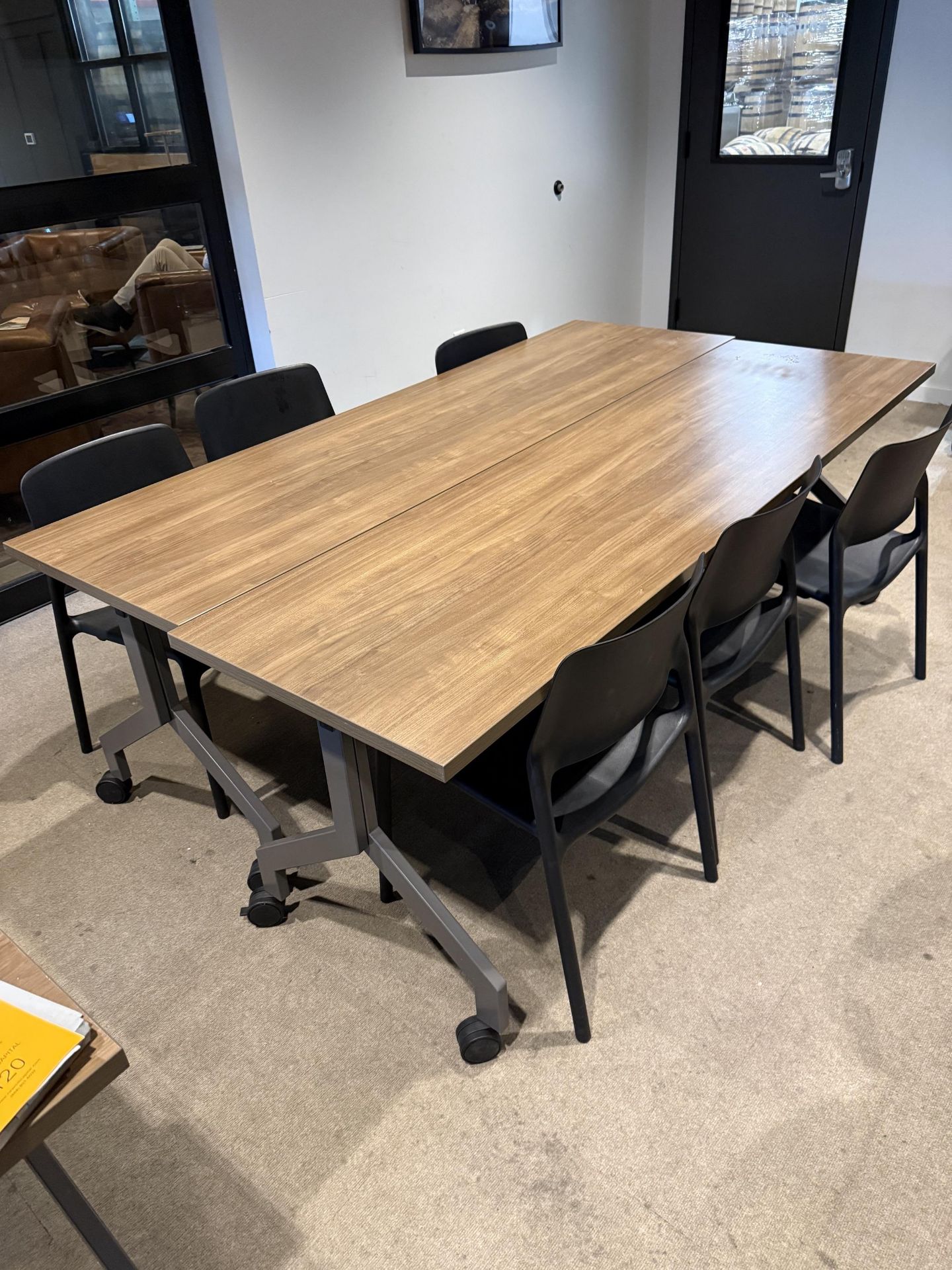 Wooden Table- QTY (2) With Chair- QTY (6)- table Approx 7' L X 2' W X 2'5" Tall On Casters