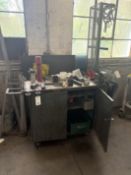 {LOT} Portable Cabinet w/ Columbian Bench mount Vise and Asst. Misc. Metal
