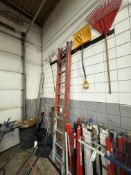 {LOT} 20' Fiberglass Extension Ladder w/ Shovels and Rakes