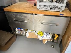 Stainless Steel Base Maple Top Two Drawer Work Table w/ SS backsplash 48" x 28" x 35" Tall