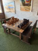 {LOT} All Wood Chess Game W/ 51" x 52", (2) Benches, and Chess Pieces