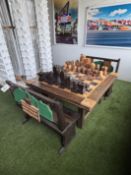 {LOT} All Wood Chess Game W/ 51" x 52", (2) Benches, and Chess Pieces