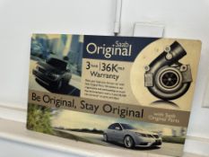 SAAB 3 Year Warranty Ad, Plastic 17" x 11", Damage to 1 Corner See Picture, Residual Glue On Back