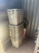 {LOT} Balance In Container c/o: Recycle Bins, Totes, A Frame, Tubing, and HD 4 Wheel Dolly