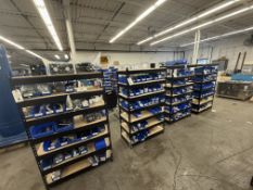 {LOT} (4) Sections of Shelving w/ Asst Components c/o: Washers, Screws, Clamps, Connectors, Fans,