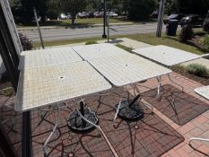 (6) White Metal Outdoor Patio Tables, and (4) Metal Umbrella Stands