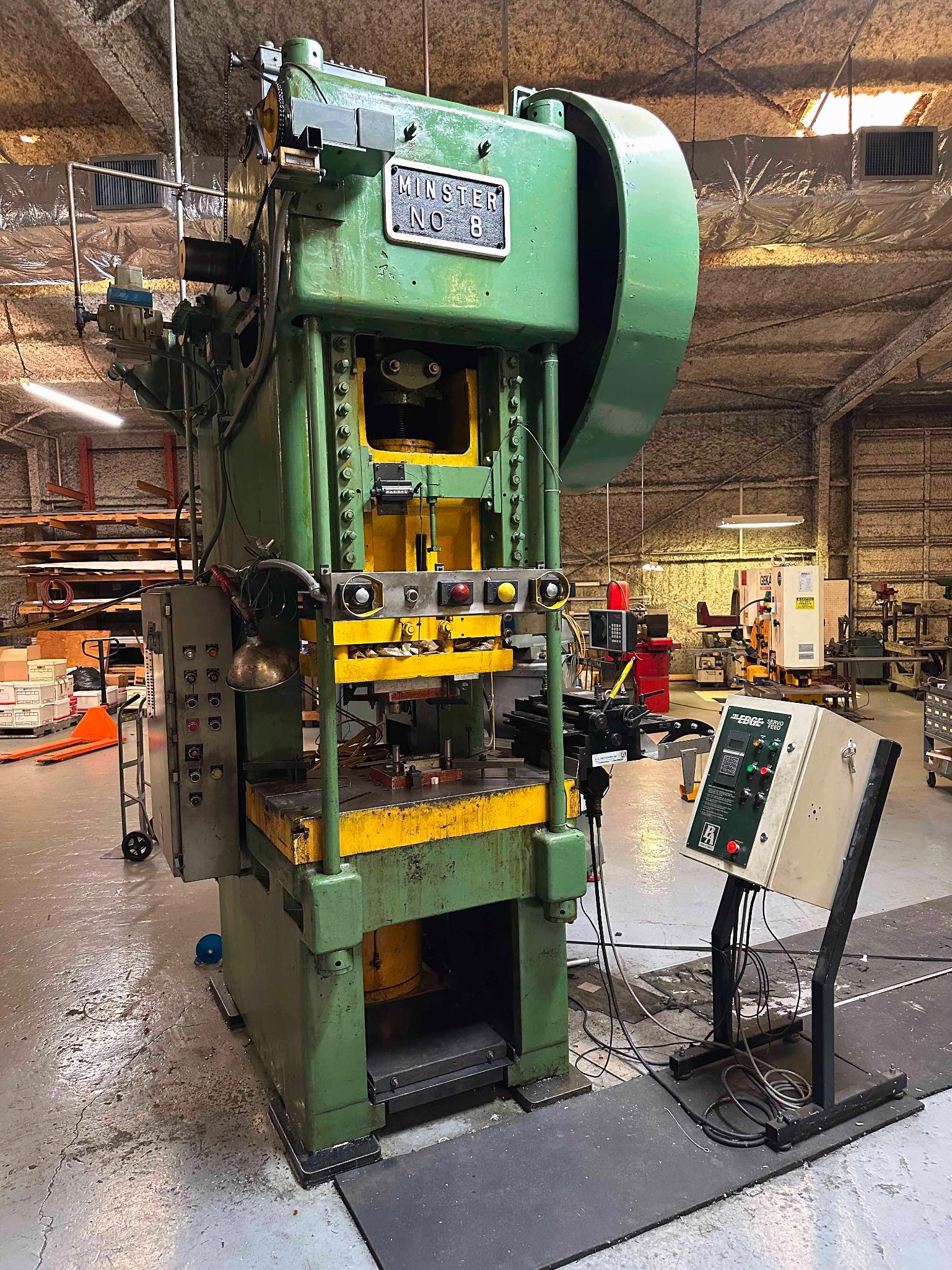 OPEN BACK GAP FAME PRESS, MINSTER MDL. NO. 8, 26" x 40" tbl., 26" x 16" bolster, w/ feeding system,