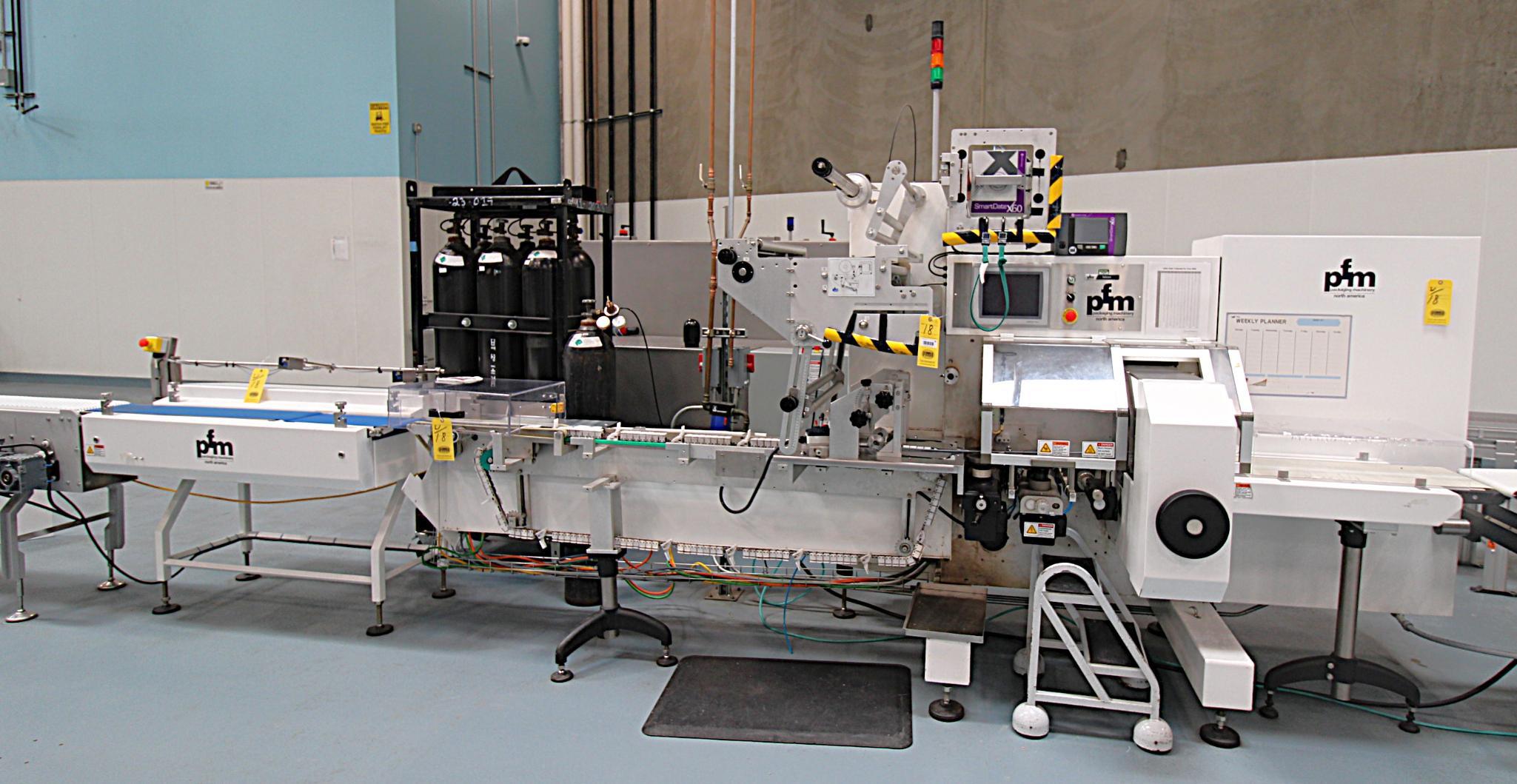 HORIZONTAL FLOW WRAPPER, PFM PACKAGING MACHINERY CORP. MDL. Falcon, 3-axis, interchangeable pushers,