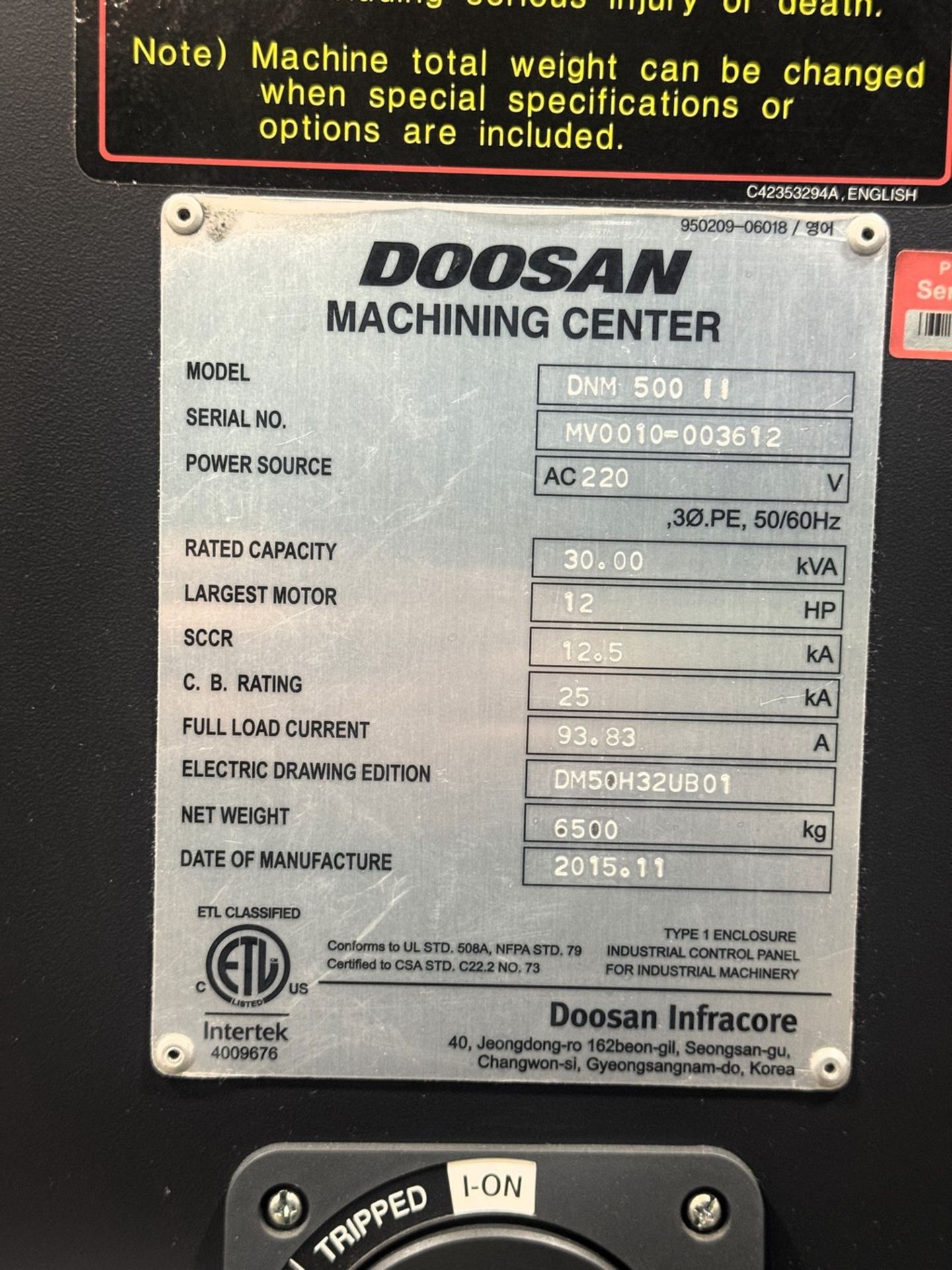 2015 Doosan DNM 500 II Vertical Machining Center, Fanuc i CNC, 12,000 RPM, 30 ATC, Chip Conveyor - Image 20 of 20