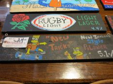 Lot (2) Hand Painted Signs 22" x 5 1/2 Rugby Light, 22" x 5 1/5 Simpsons New Tricks