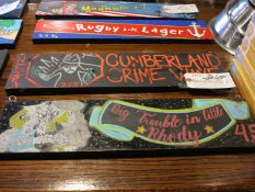 Lot (2) Hand Painted Signs 22' x 5 1/2" Cumberland Crime Wave and Big Trouble In Little Rhody