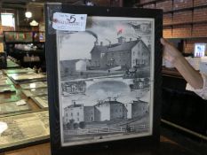23" x 18 1/2" Framed Black and White Ink on Paper Fish's Malthouse, Batavia NY