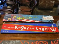 Lot (2) Hand Painted Signs, 22" x 4 1/2" Magnum RI and Providence Rugby Light Lager