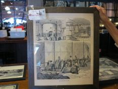 23" x 18 1/2" Framed Black and White Ink on Paper, The Brewing of Ale