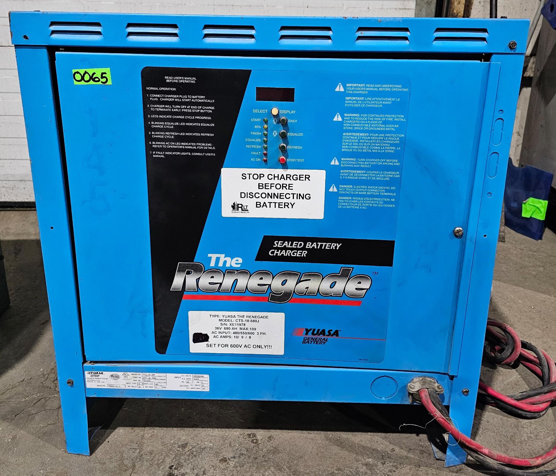 Forklift Battery Charger Yuasa The Renegade charger Output: 36V 109A with Input: Input:480/550/ - Image 2 of 3