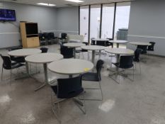 (9) 35" Round Cafeteria Tables w/ Approx (38) Stacking Chairs & (2) 8' Folding Tables