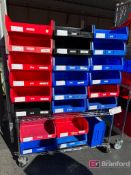 Lot consisting of (23) AkroBin/Uline Parts Bins on Wire Rack w/ Casters