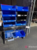 Lot consisting of (18) AkroBin/Uline Parts Bins on Wire Rack w/ Casters