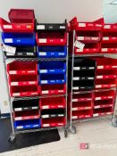Lot (2) Wire Racks on Casters w/ (70) AkroBin Totes