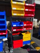 Lot consisting of (31) AkroBin/Uline Parts Bins on Wire Rack w/ Casters