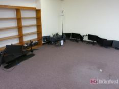 (4) 3-Positon Monitor Stands w/ Monitors, (2) Spare Monitors, Desk Riser